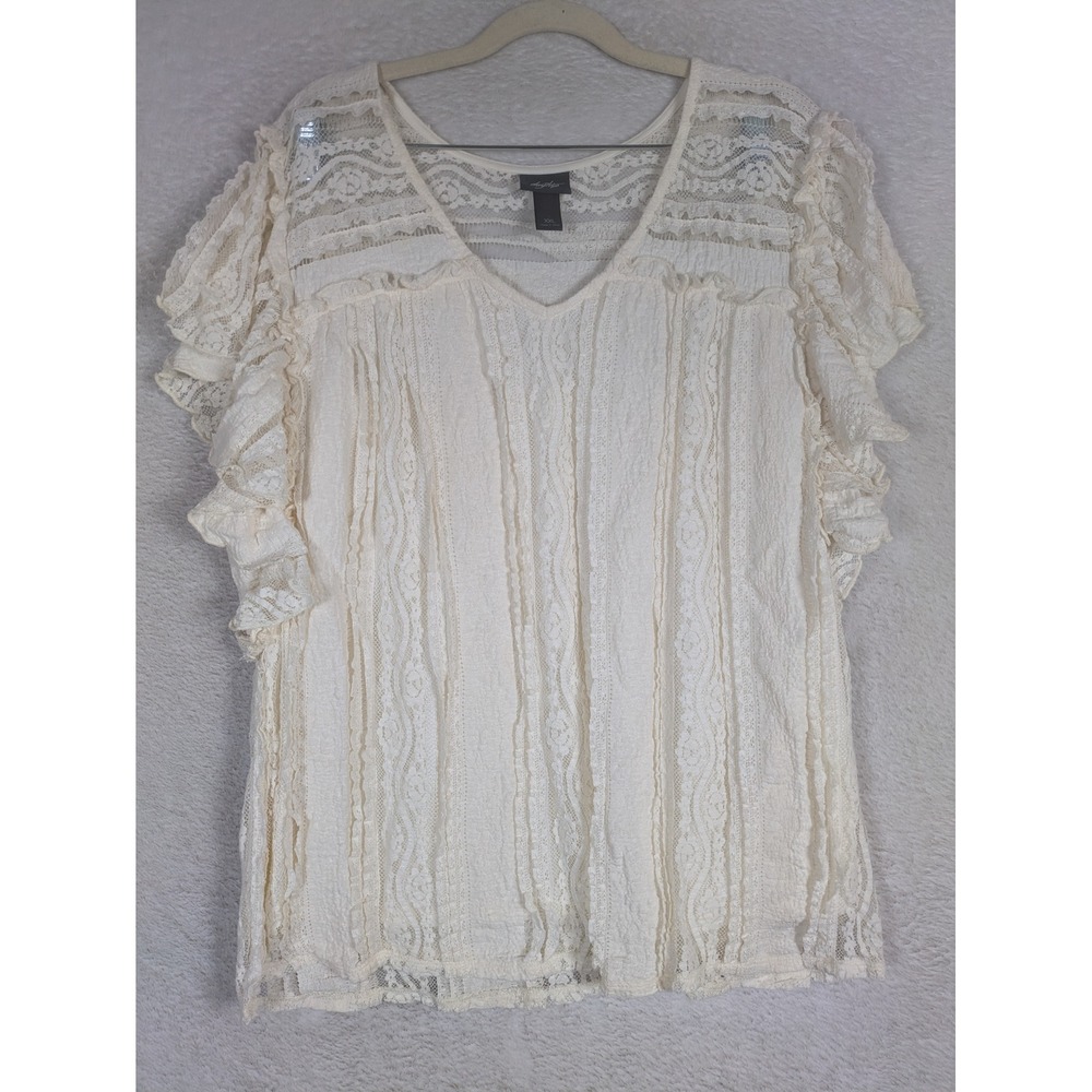 Daytrip Blouse Women's XXL Cream Ruffle Sleeve Floral Lace V-Neck Boho Top